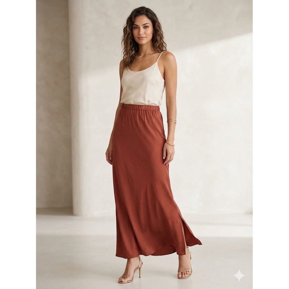 Nation LTD Rust Brown Viscose Rayon Elastic Waist Maxi Skirt Large 4222HS‎
